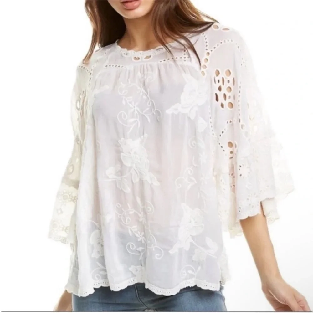 Johnny Was Roman Ruffle Eyelet Blouse White Floral